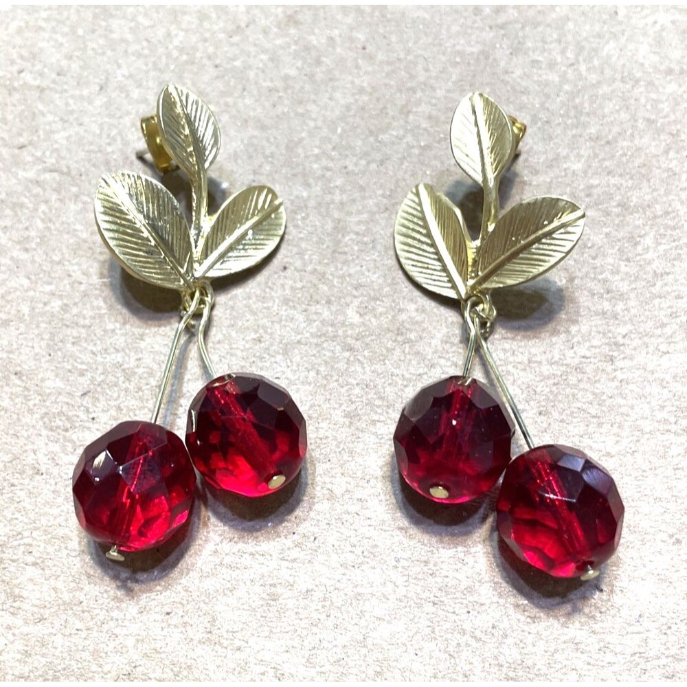 Cherry Earrings Gold Tone Post Pierced Ears